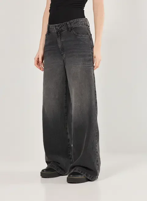 Calça Wide Leg Jeans De Cintura Baixa