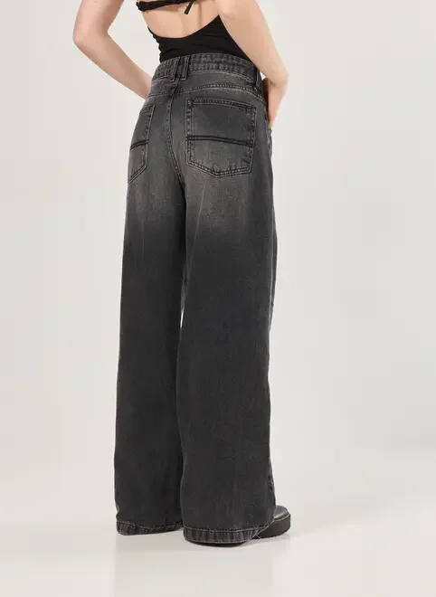 Calça Wide Leg Jeans De Cintura Baixa