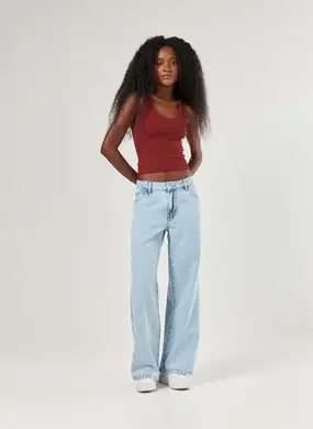 Calça Wide Leg Jeans De Cintura Baixa