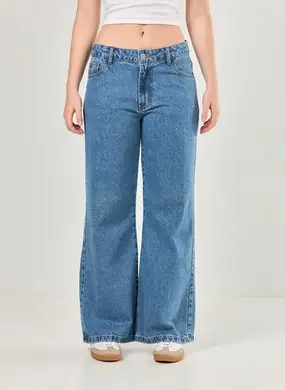 Calça Wide Leg Jeans De Cintura Baixa