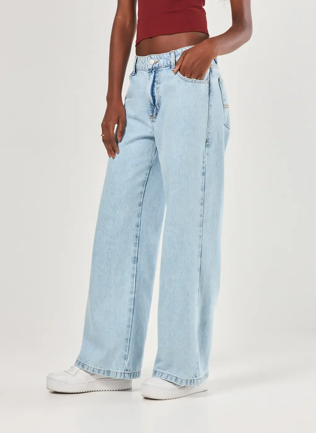 Calça Wide Leg Jeans De Cintura Baixa