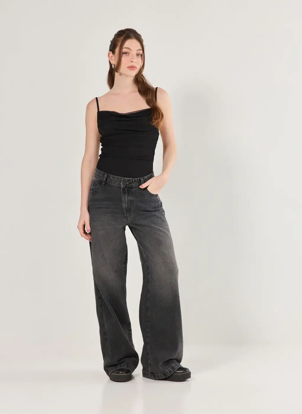 Calça Wide Leg Jeans De Cintura Baixa