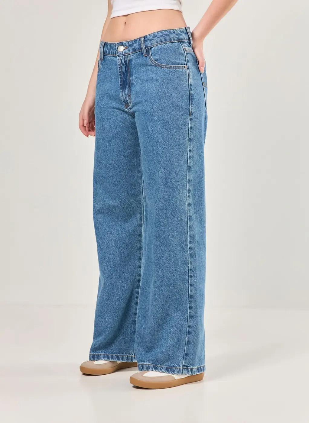 Calça Wide Leg Jeans De Cintura Baixa