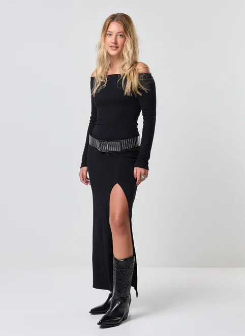 Vestido Midi De Manga Longa Com Fenda