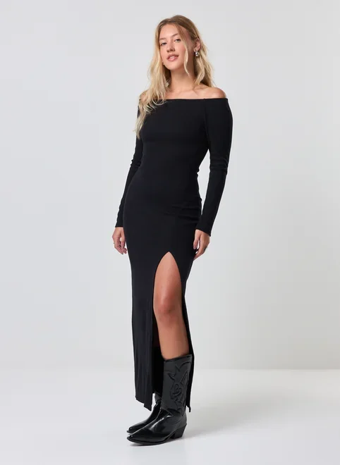 Vestido Midi De Manga Longa Com Fenda