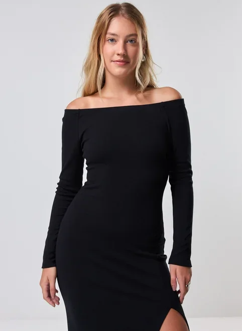 Vestido Midi De Manga Longa Com Fenda