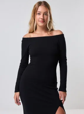 Vestido Midi De Manga Longa Com Fenda