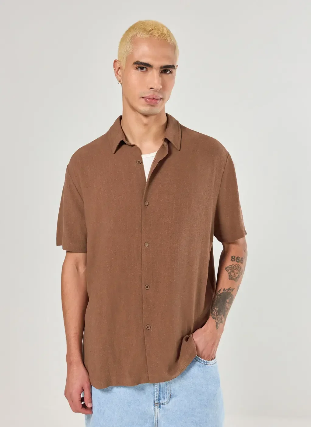 Camisa Com Linho Manga Curta