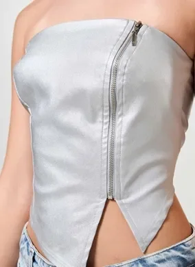 Cropped Sem Alças Metalizado Com Zíper