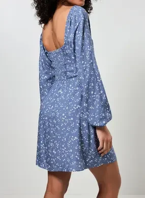 Vestido Manga Longa Azul Florzinhas