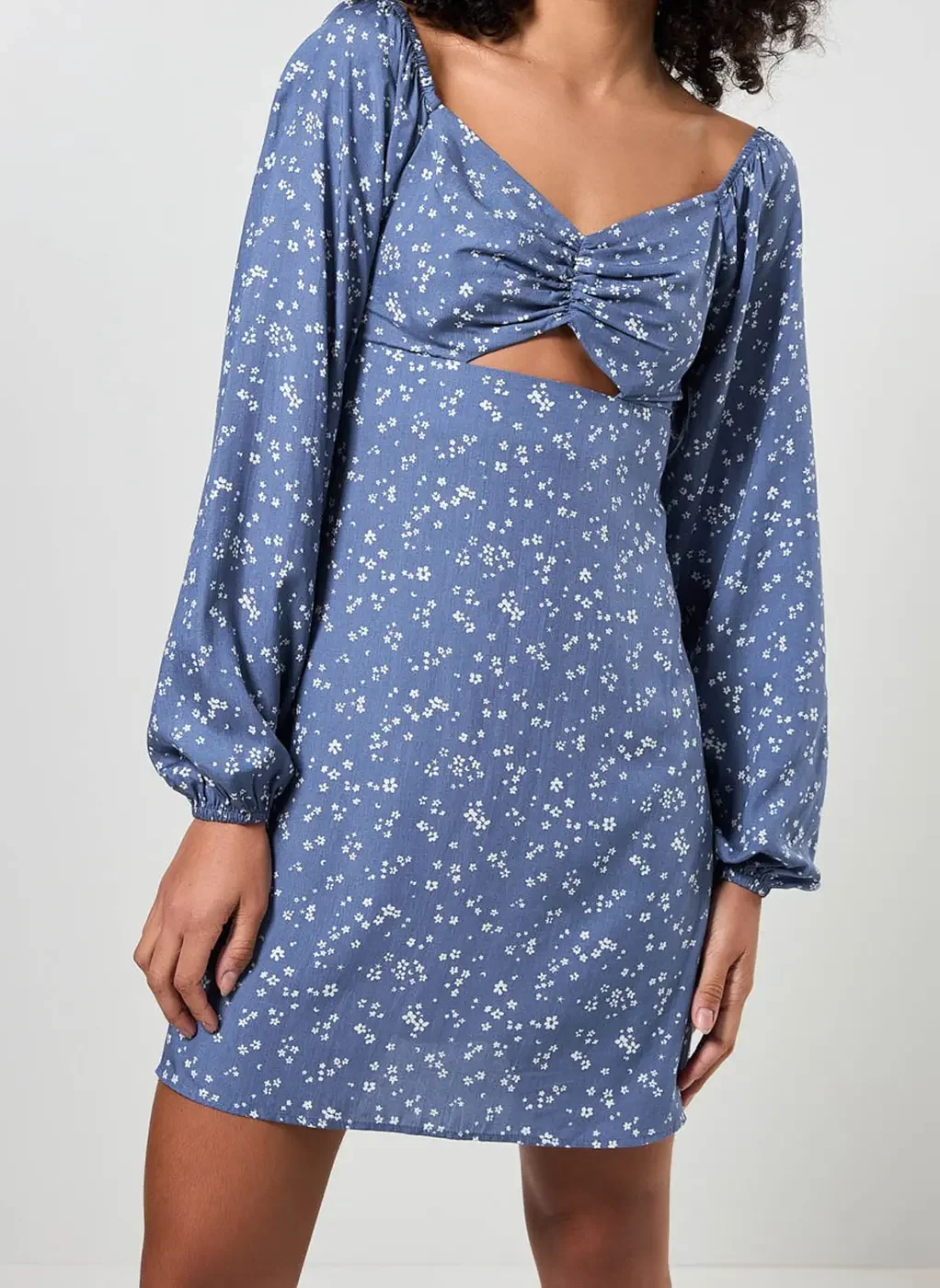 Vestido Manga Longa Azul Florzinhas