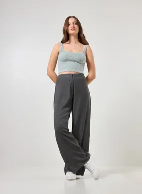 Calça Pantalona Em Tecido Preto Estonado