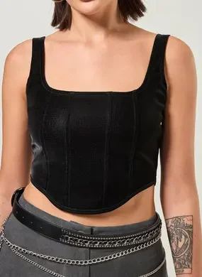 Cropped Corselet Em Poliuretano Cobra Preto