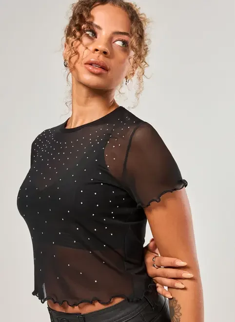 Blusa Em Tule Preto Com Strass