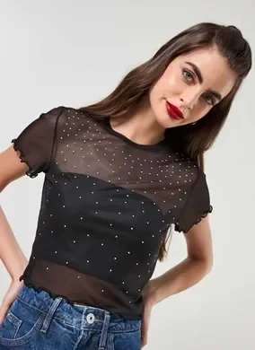 Blusa Em Tule Preto Com Strass
