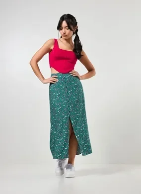 Saia Midi Verde Com Florzinhas