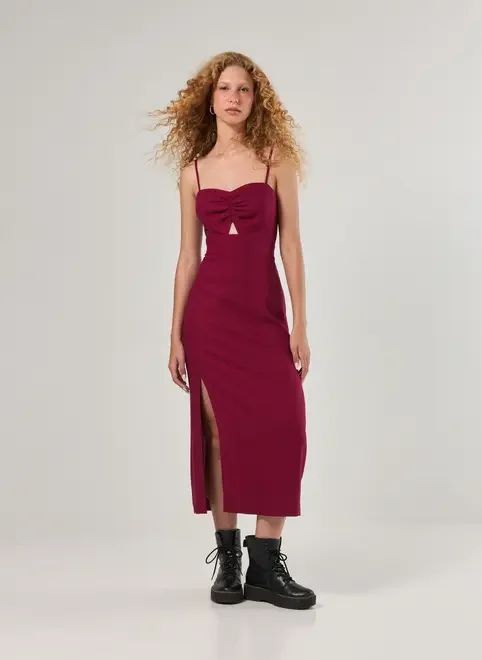 Vestido Midi Linho Recorte E Fenda