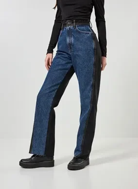 Calça Wide Leg Jeans Azul E Preto