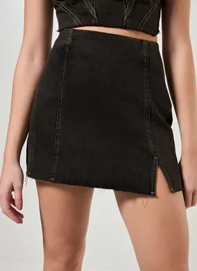 Saia Jeans Preta Costuras Contrastantes