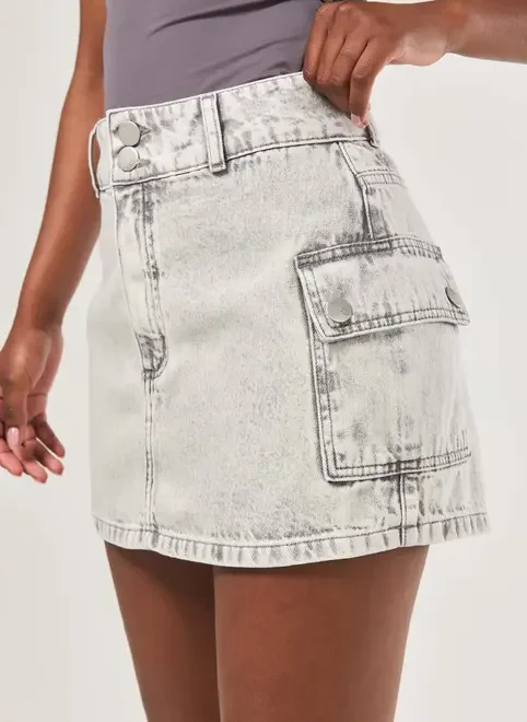 Short Saia Jeans Cargo Cintura Alta