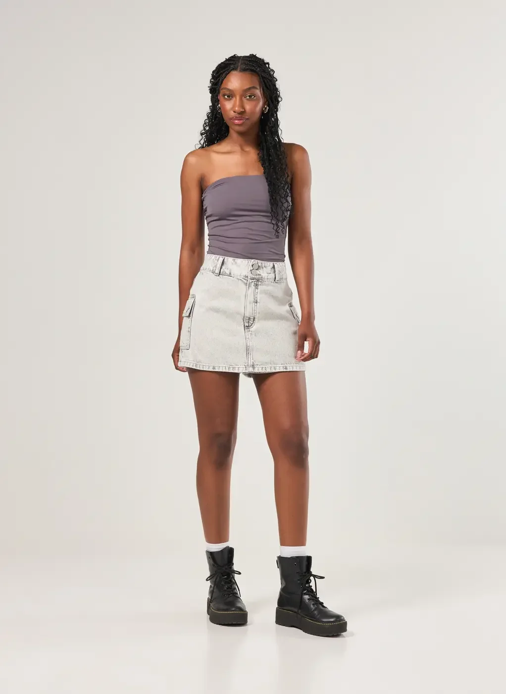 Short Saia Jeans Cargo Cintura Alta