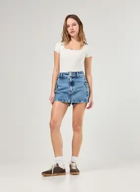 Short Saia Jeans Cargo Cintura Alta