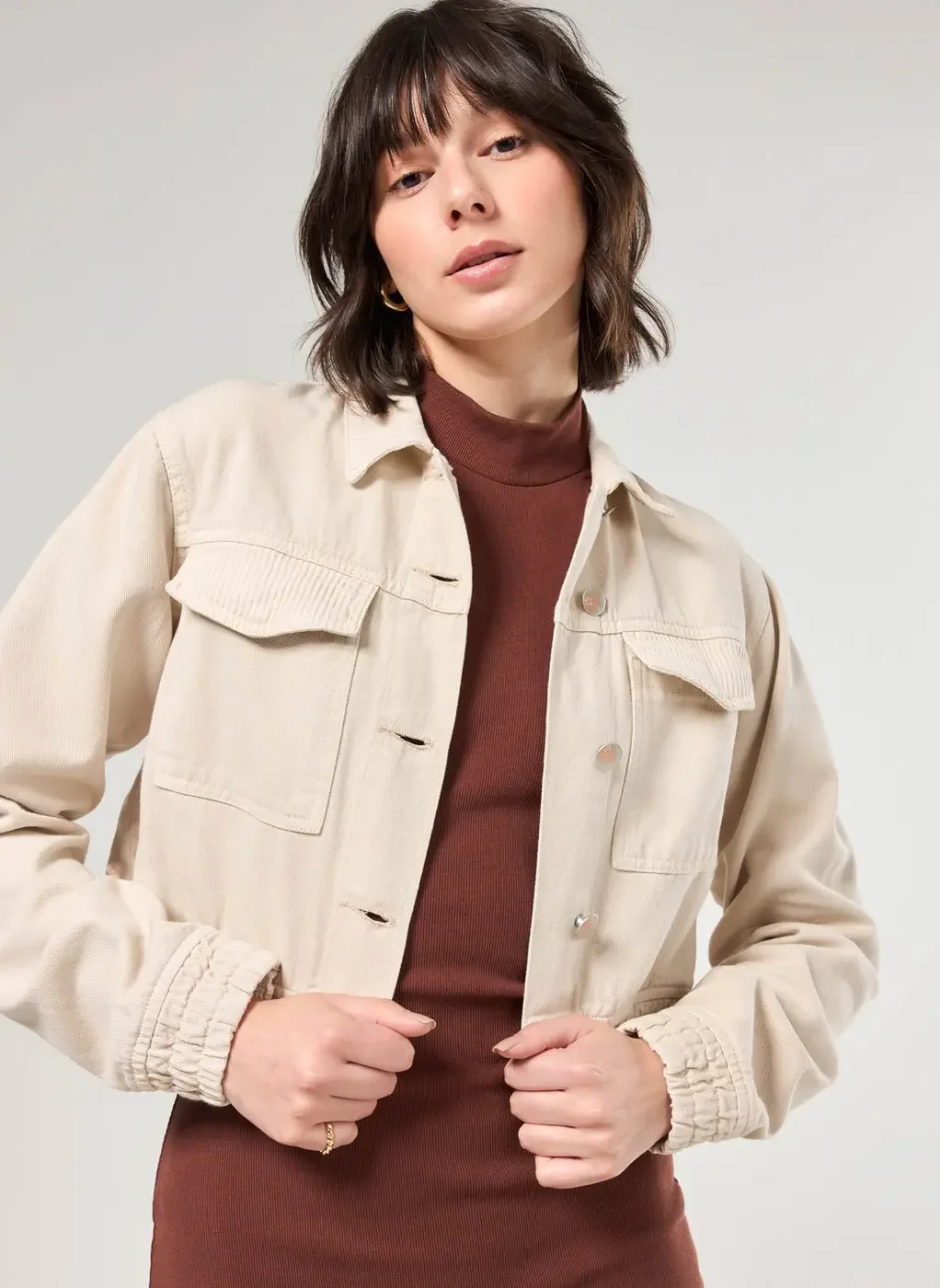 Jaqueta Em Sarja Clara Com Veludo Cotelê