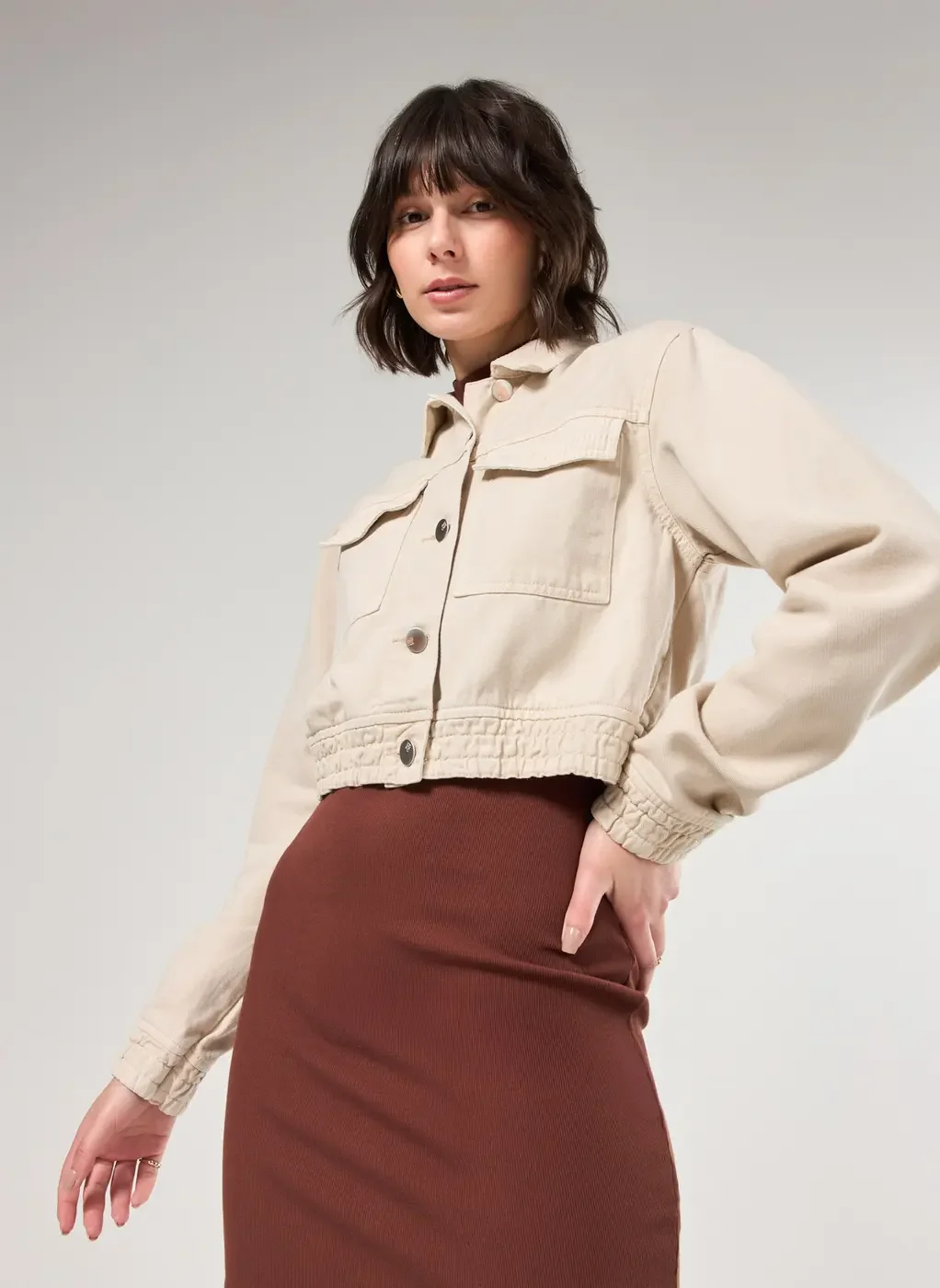 Jaqueta Em Sarja Clara Com Veludo Cotelê