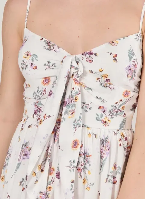 Vestido Romântico Off-White Com Flores