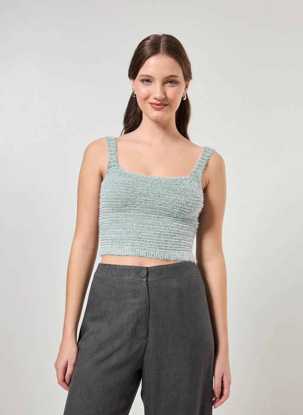 Cropped Em Tricô Pelinho Verde Água