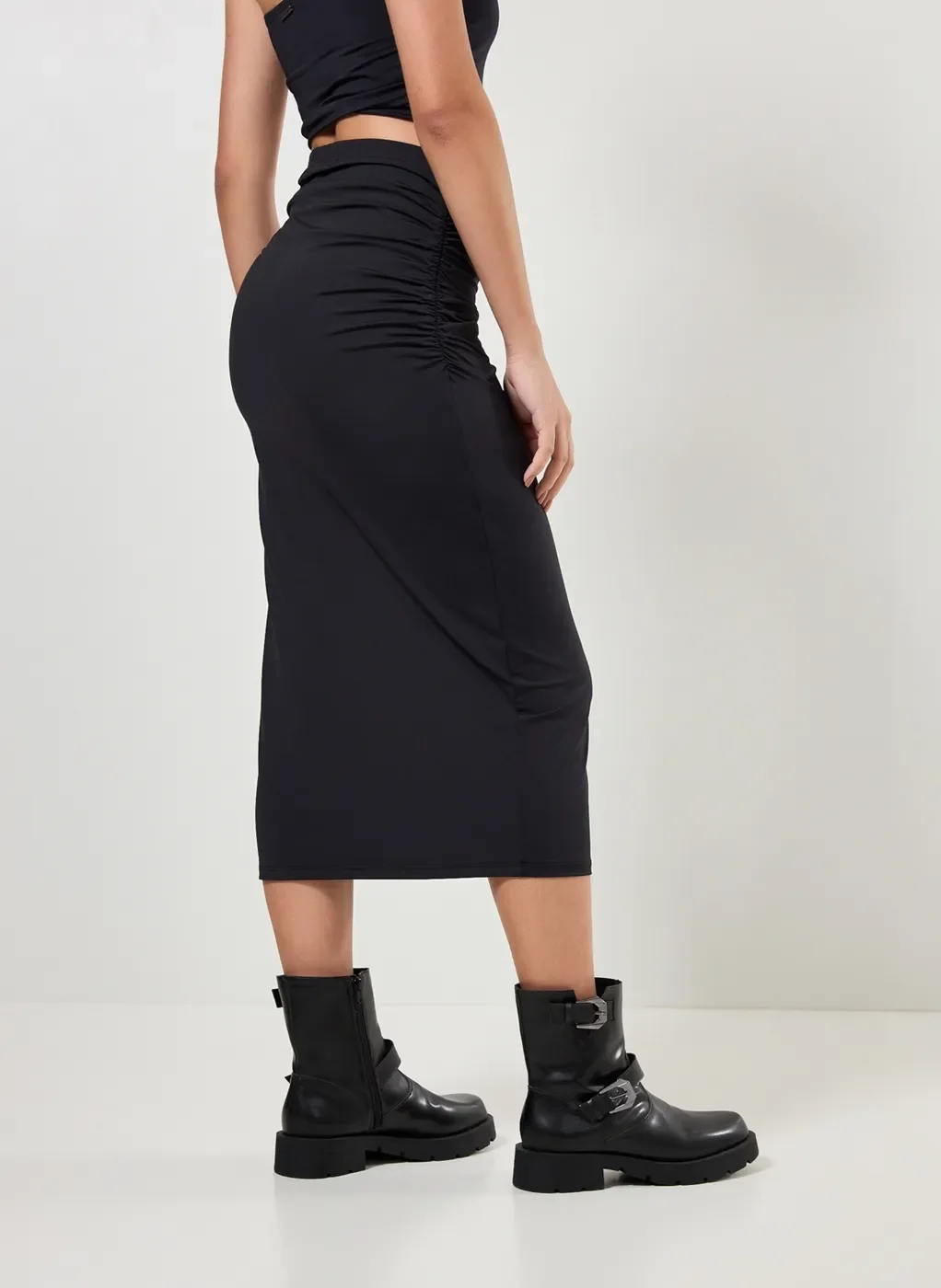 Saia Midi Poliamida Com Franzido