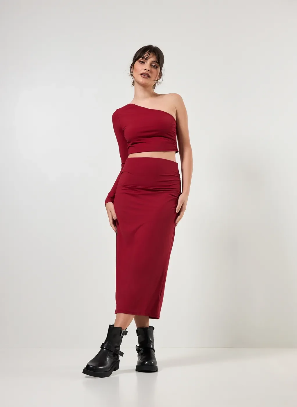 Saia Midi Poliamida Com Franzido