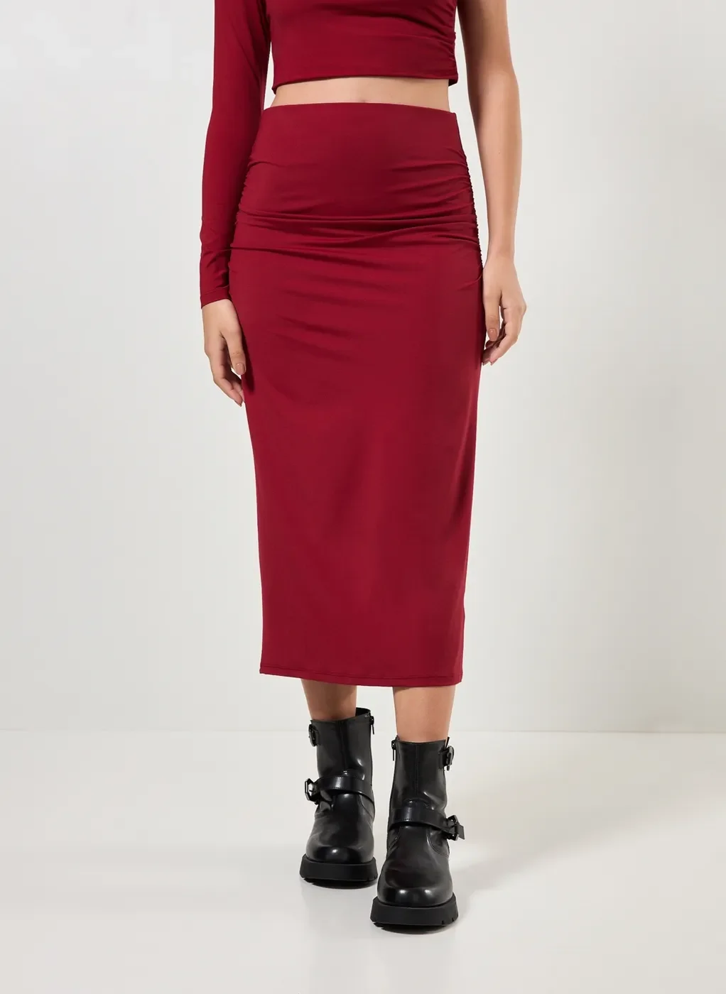 Saia Midi Poliamida Com Franzido