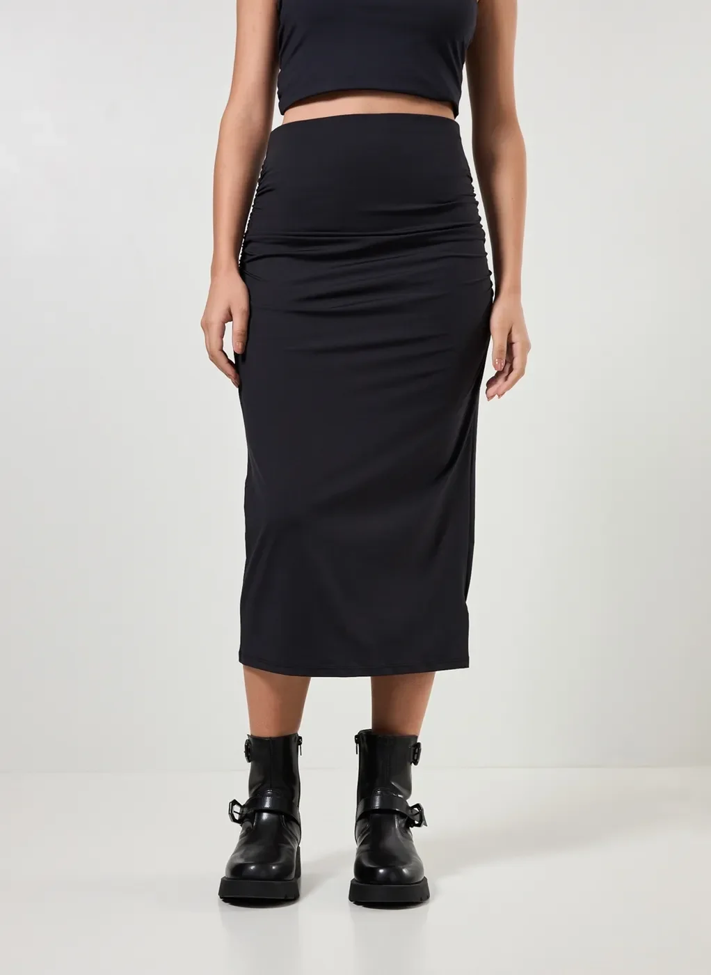 Saia Midi Poliamida Com Franzido