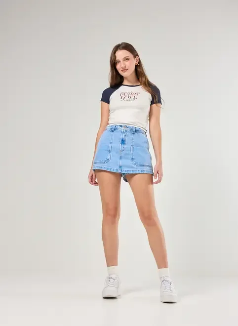 Short Saia Jeans Com Bolsos