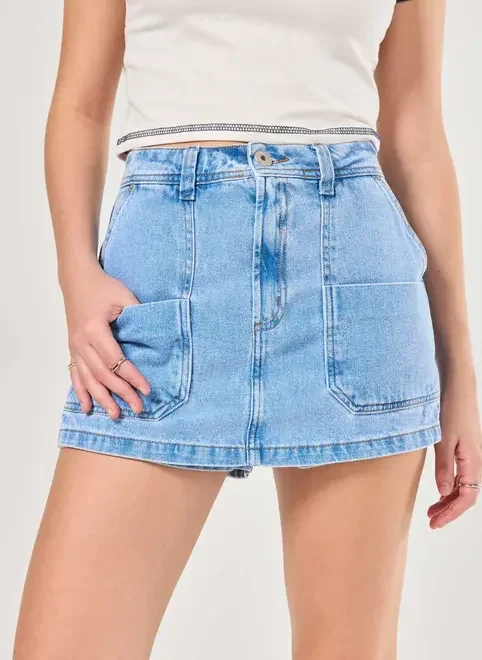 Short Saia Jeans Com Bolsos