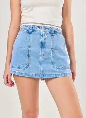 Short Saia Jeans Com Bolsos