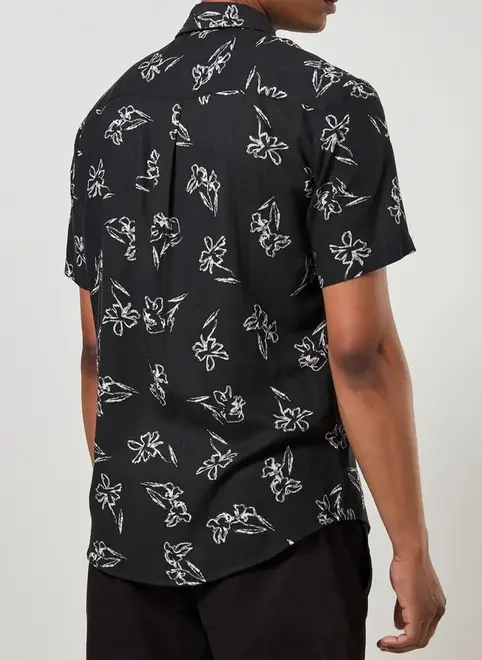 Camisa Linho Preta Com Flores Brancas