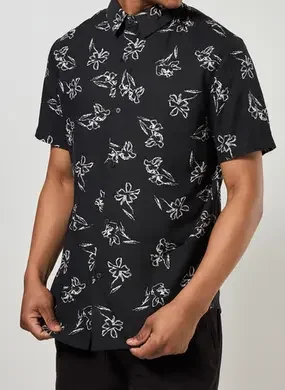 Camisa Linho Preta Com Flores Brancas