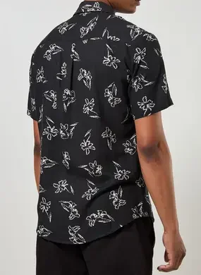 Camisa Linho Preta Com Flores Brancas