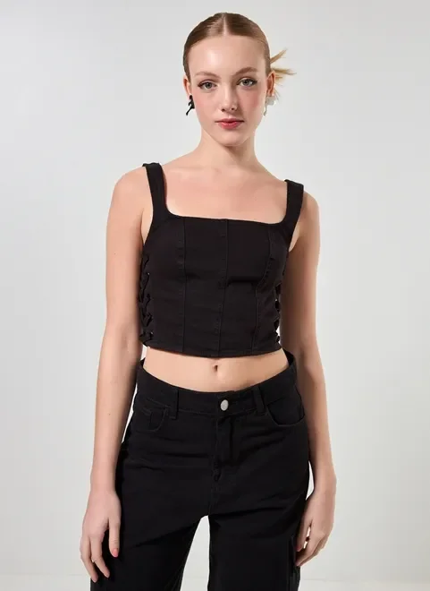 Cropped Corselet Em Sarja Preto