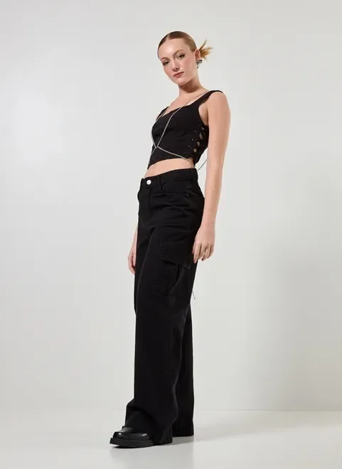 Cropped Corselet Em Sarja Preto