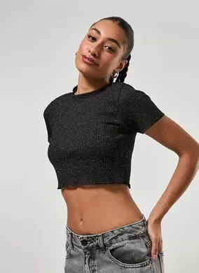 Blusa Cropped Preta Brilhosa