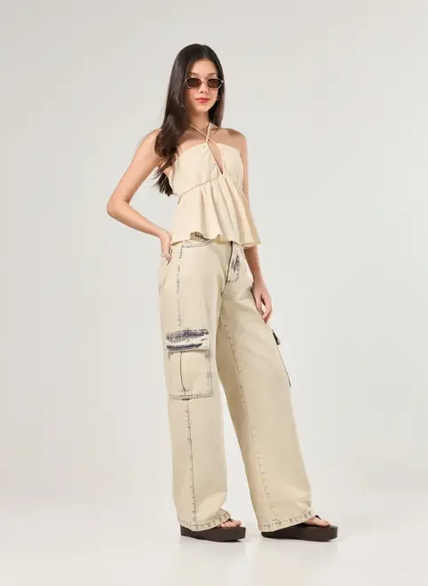 Calça Wide Leg Jeans Cargo