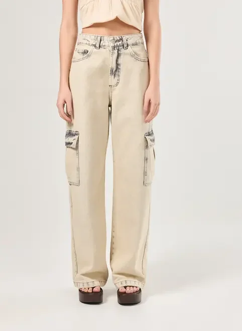 Calça Wide Leg Jeans Cargo