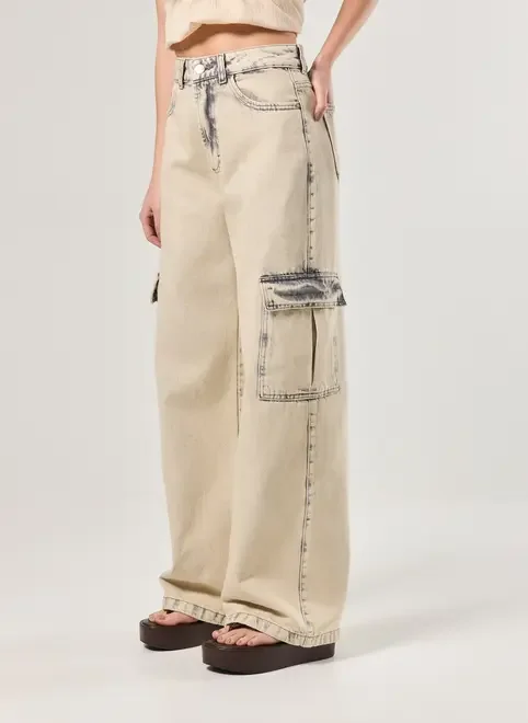 Calça Wide Leg Jeans Cargo
