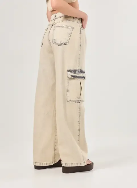 Calça Wide Leg Jeans Cargo