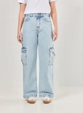 Calça Wide Leg Jeans Cargo