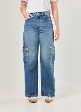 Calça Wide Leg Jeans Cargo