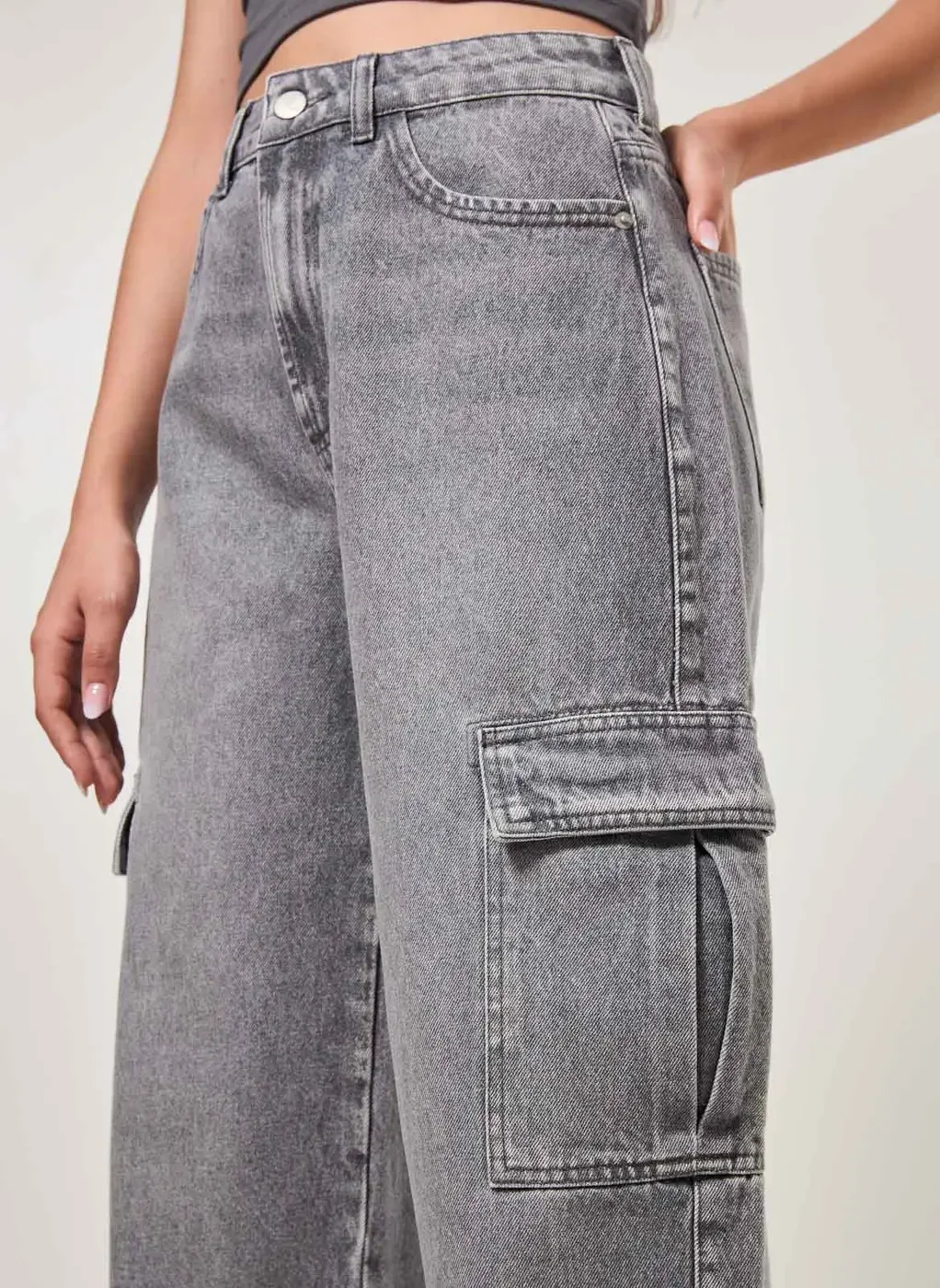 Calça Wide Leg Jeans Cargo